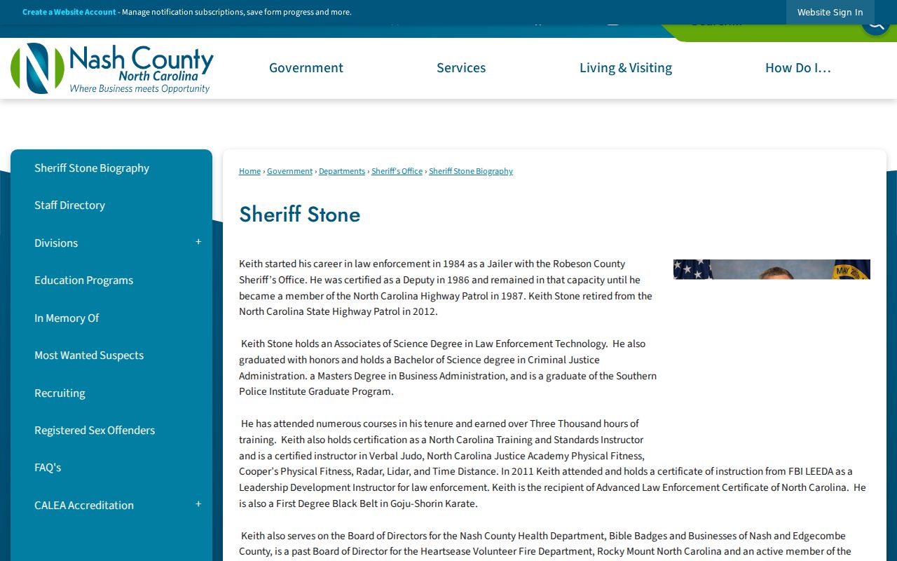 Nash County criminal justice programs listed in the sheriff biography