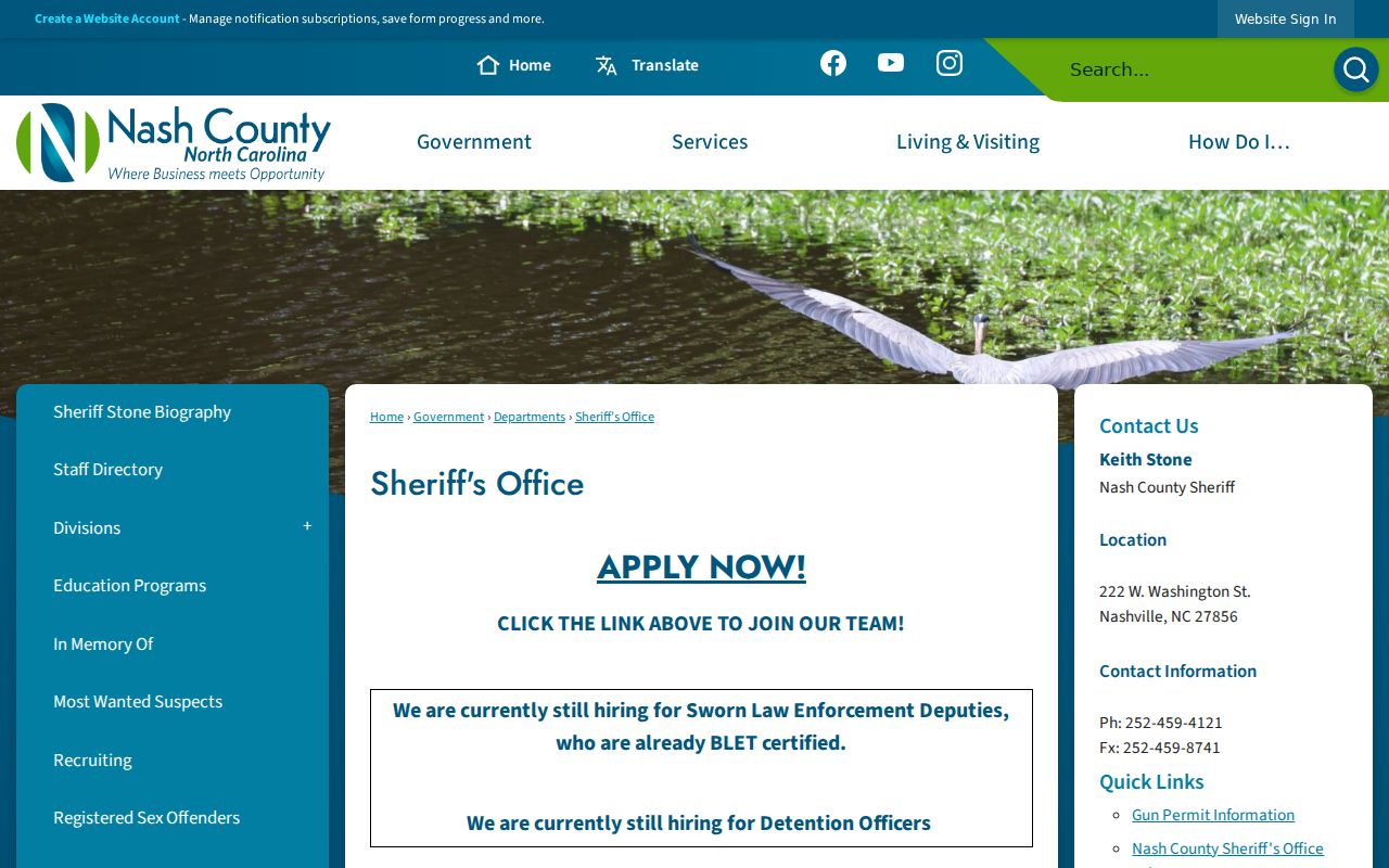 Nash County criminal records contact page for the Sheriff's Office
